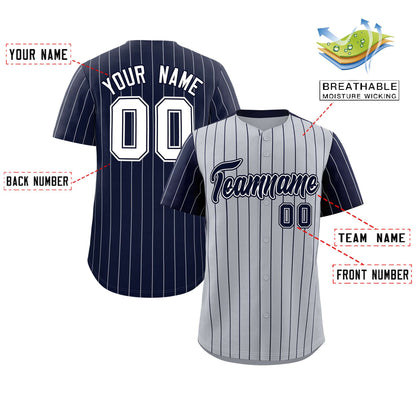 Custom Gray Navy Pinstripe Personalized Raglan Sleeves Authentic Baseball Jersey