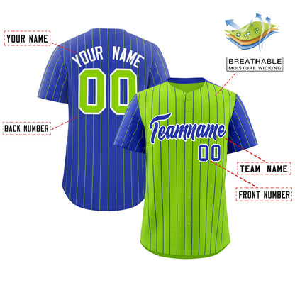 Custom Neon Green Royal Pinstripe Personalized Raglan Sleeves Authentic Baseball Jersey