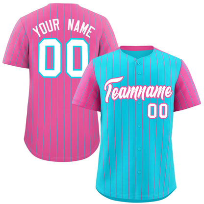 Custom Sky Blue Pink Pinstripe Personalized Raglan Sleeves Authentic Baseball Jersey