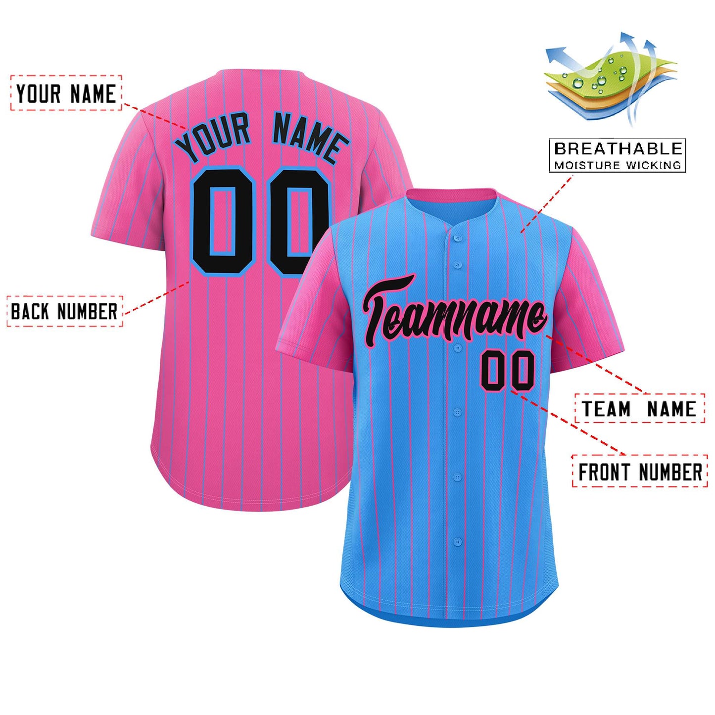 Custom Powder Blue Pink Pinstripe Personalized Raglan Sleeves Authentic Baseball Jersey