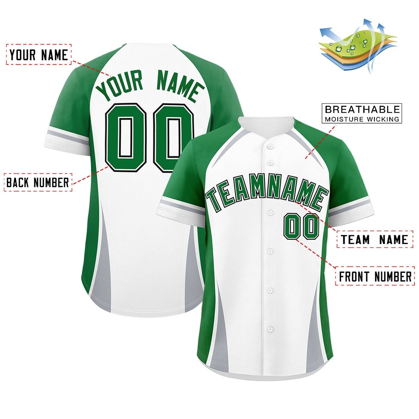 Custom White Kelly Green-Gray Personalized Color Block Authentic Baseball Jersey