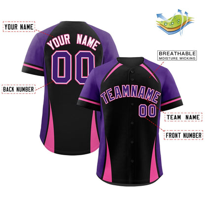 Custom Black Purple-Pink Personalized Color Block Authentic Baseball Jersey