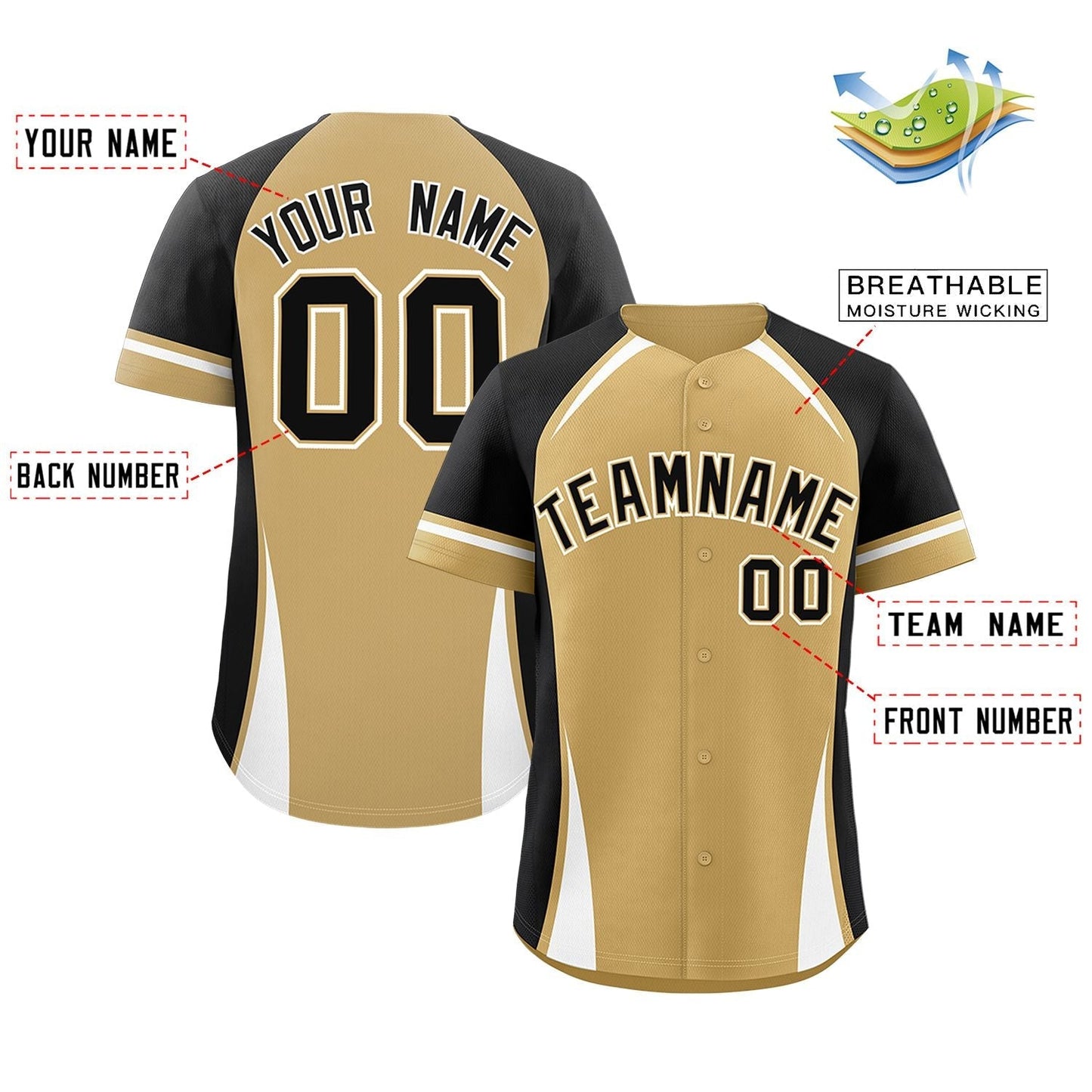 Custom Old Gold Black-White Personalized Color Block Authentic Baseball Jersey