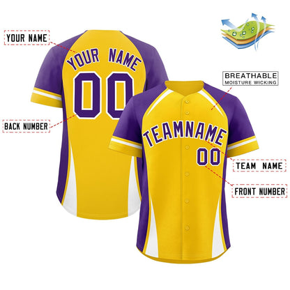 Custom Gold Purple-White Personalized Color Block Authentic Baseball Jersey