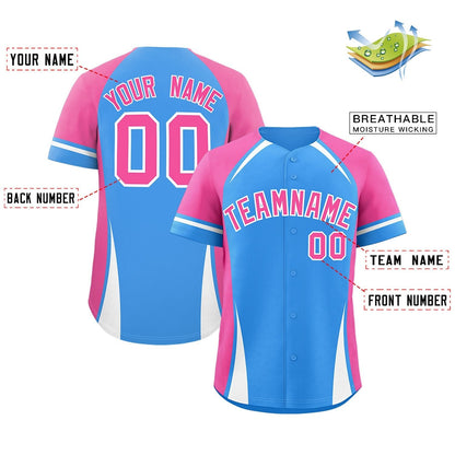 Custom Powder Blue Pink-White Personalized Color Block Authentic Baseball Jersey