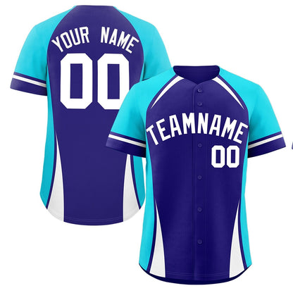 Custom Violet Sky Blue-White Personalized Color Block Authentic Baseball Jersey