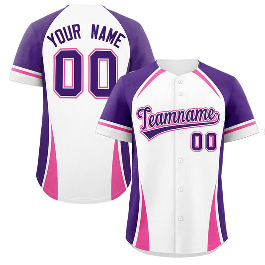 Custom White Purple-Pink Personalized Color Block Authentic Baseball Jersey