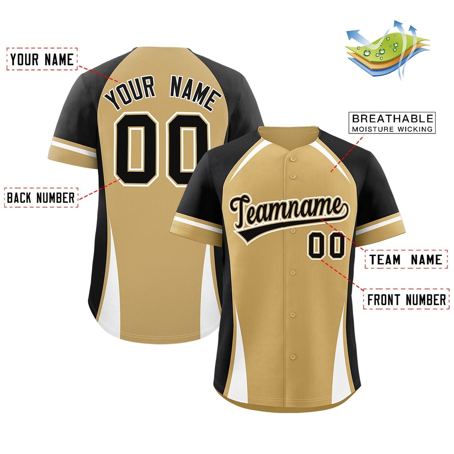 Custom Old Gold Black-White Personalized Color Block Authentic Baseball Jersey