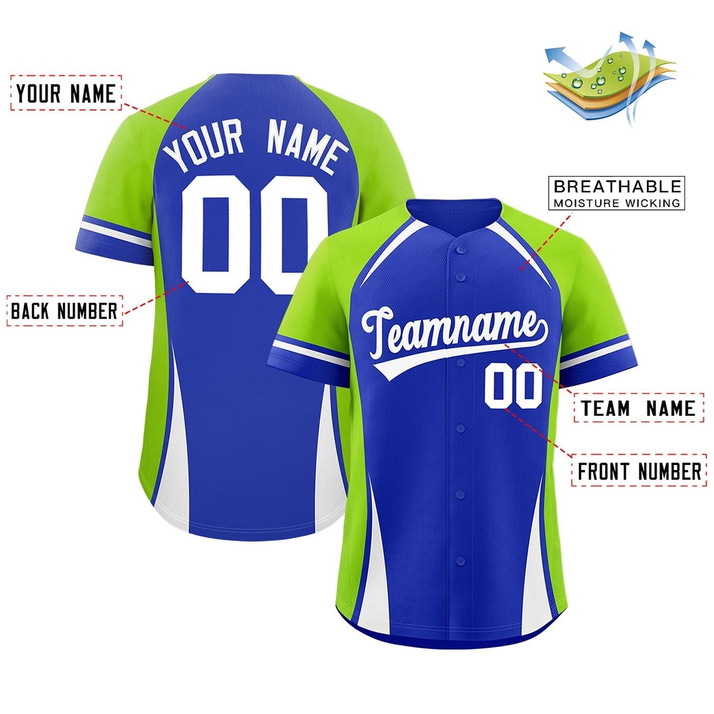 Custom Royal Neon Green-White Personalized Color Block Authentic Baseball Jersey