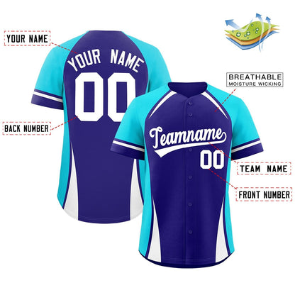 Custom Violet Sky Blue-White Personalized Color Block Authentic Baseball Jersey