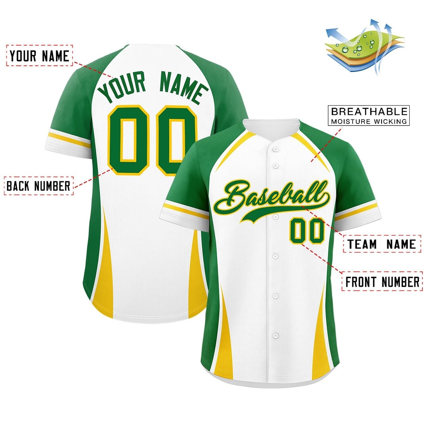 Custom White Kelly Green-Gold Personalized Color Block Authentic Baseball Jersey