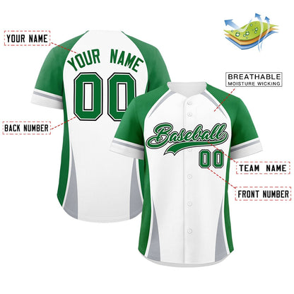 Custom White Kelly Green-Gray Personalized Color Block Authentic Baseball Jersey