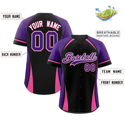 Custom Black Purple-Pink Personalized Color Block Authentic Baseball Jersey