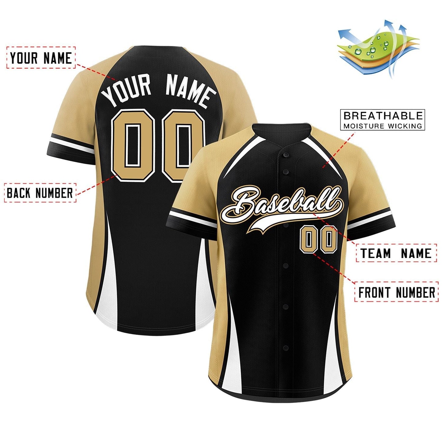 Custom Black Old Gold-White Personalized Color Block Authentic Baseball Jersey