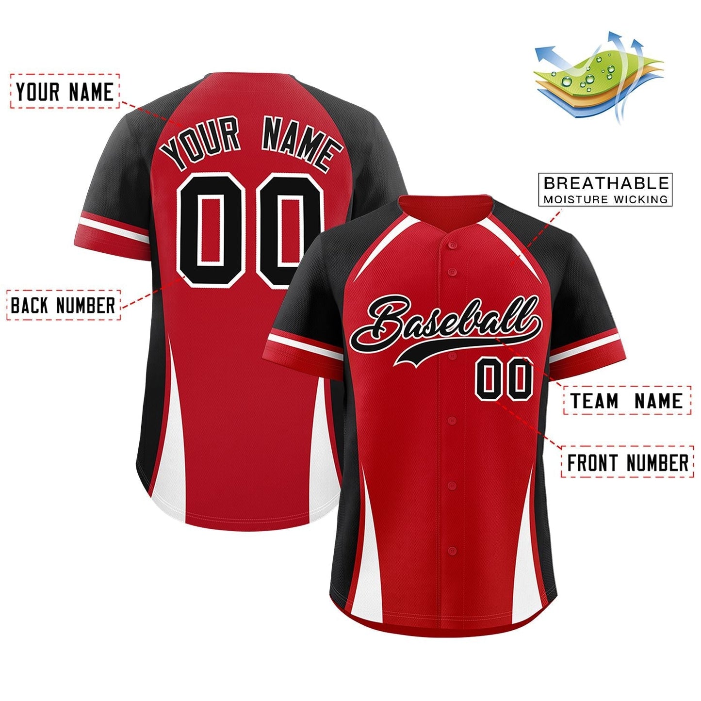 Custom Red Black-White Personalized Color Block Authentic Baseball Jersey