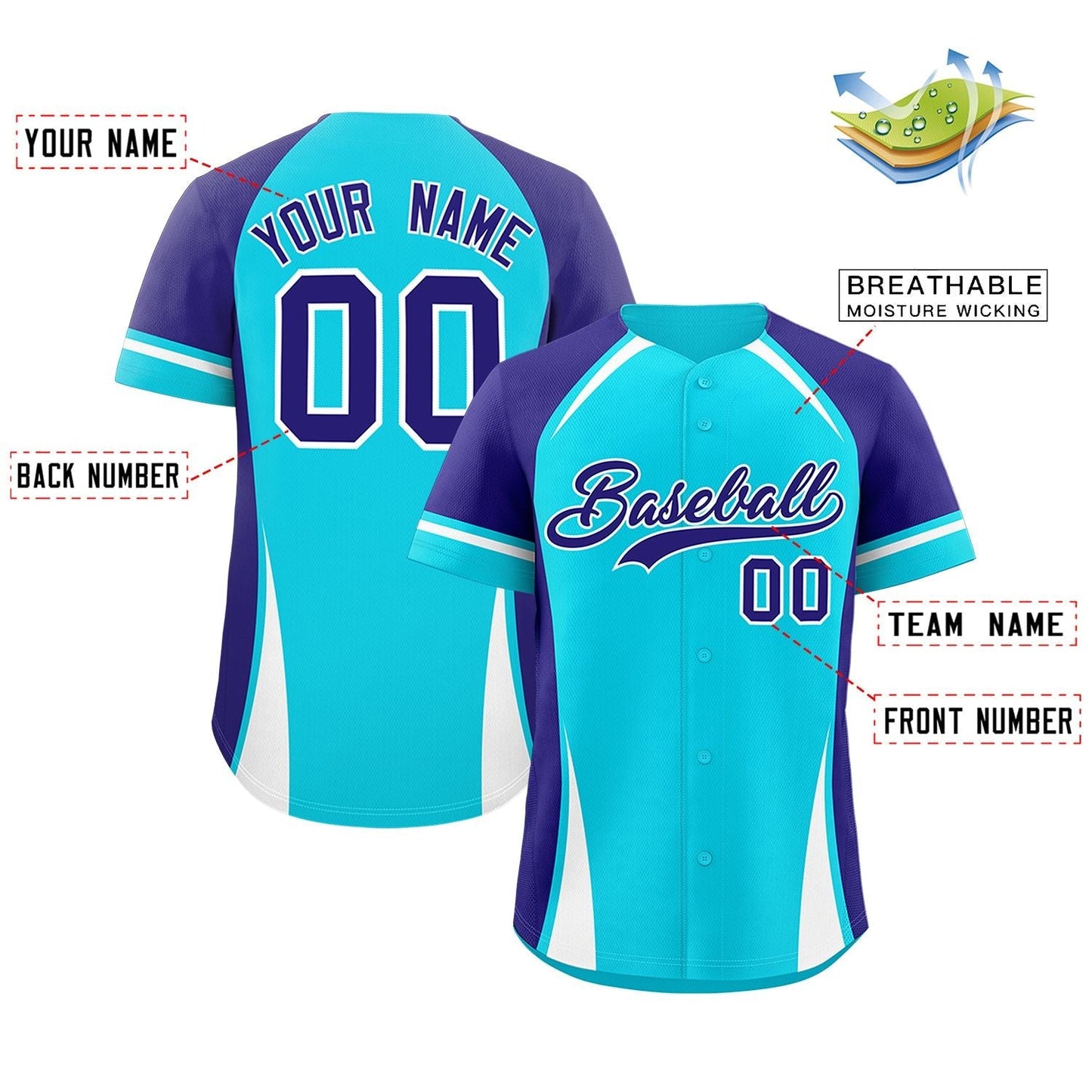 Custom Sky Blue Violet-White Personalized Color Block Authentic Baseball Jersey