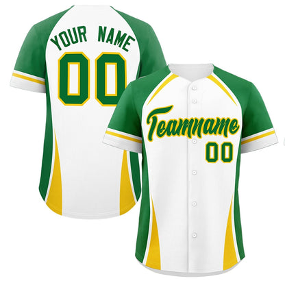 Custom White Kelly Green-Gold Personalized Color Block Authentic Baseball Jersey