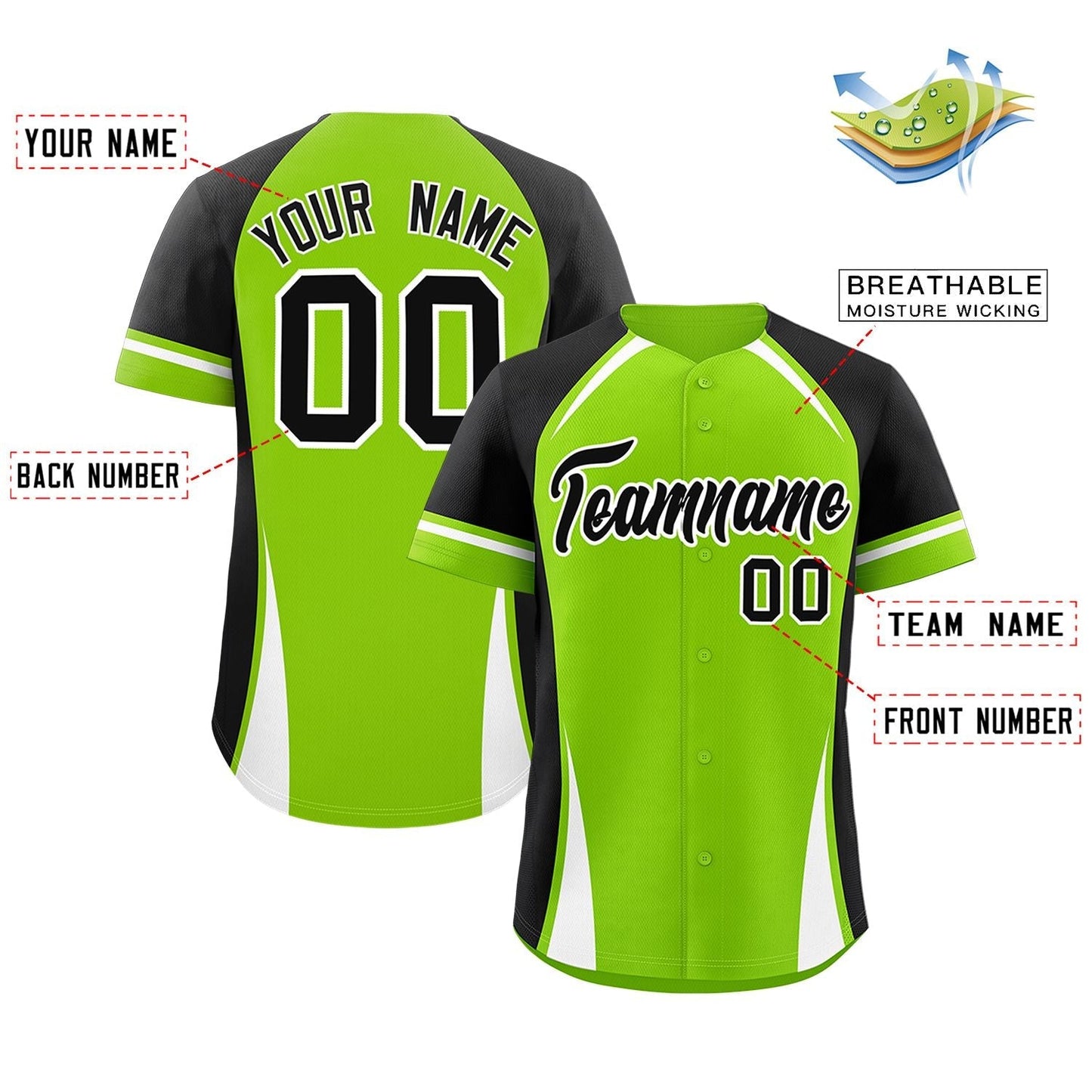 Custom Neon Green Black-White Personalized Color Block Authentic Baseball Jersey