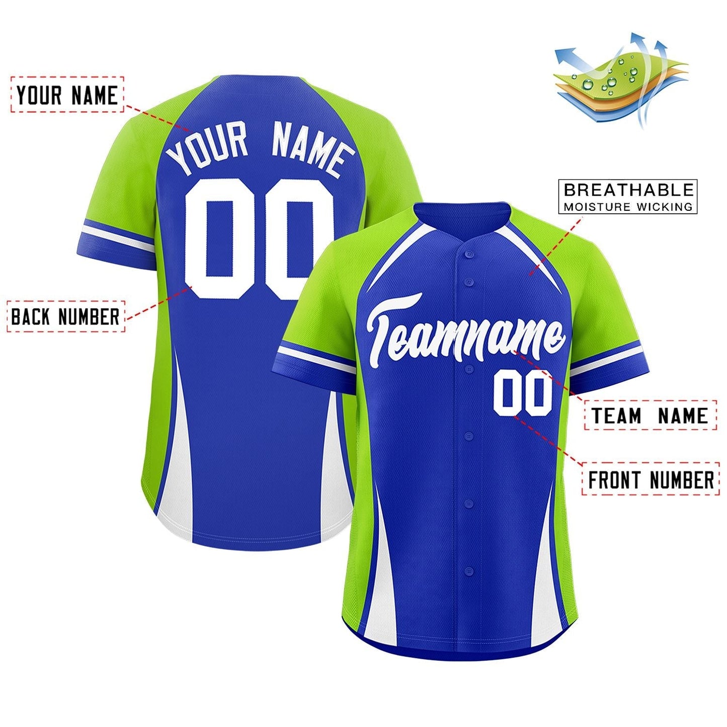 Custom Royal Neon Green-White Personalized Color Block Authentic Baseball Jersey