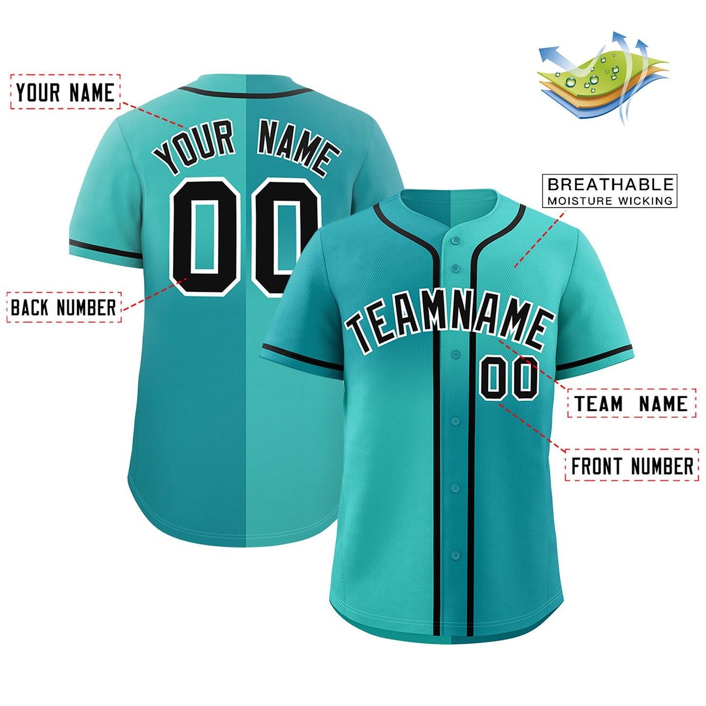 Custom Bright Green Aqua Personalized Symmetrical Gradient Design Authentic Baseball Jersey