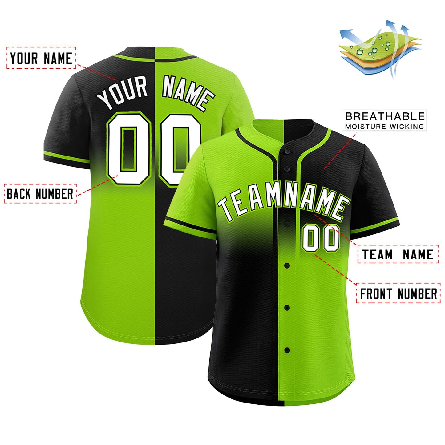 Custom Black Neon Green Personalized Symmetrical Gradient Design Authentic Baseball Jersey