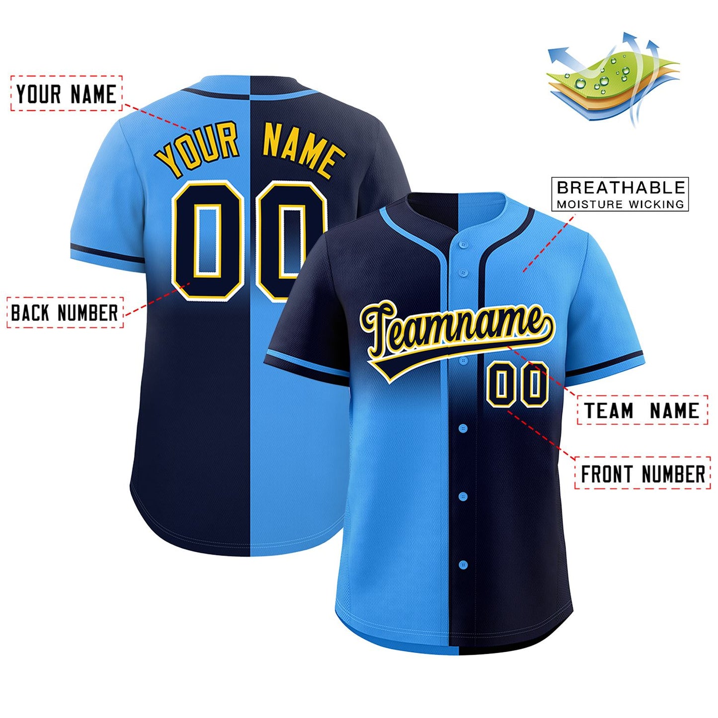 Custom Powder Blue Navy Personalized Symmetrical Gradient Design Authentic Baseball Jersey