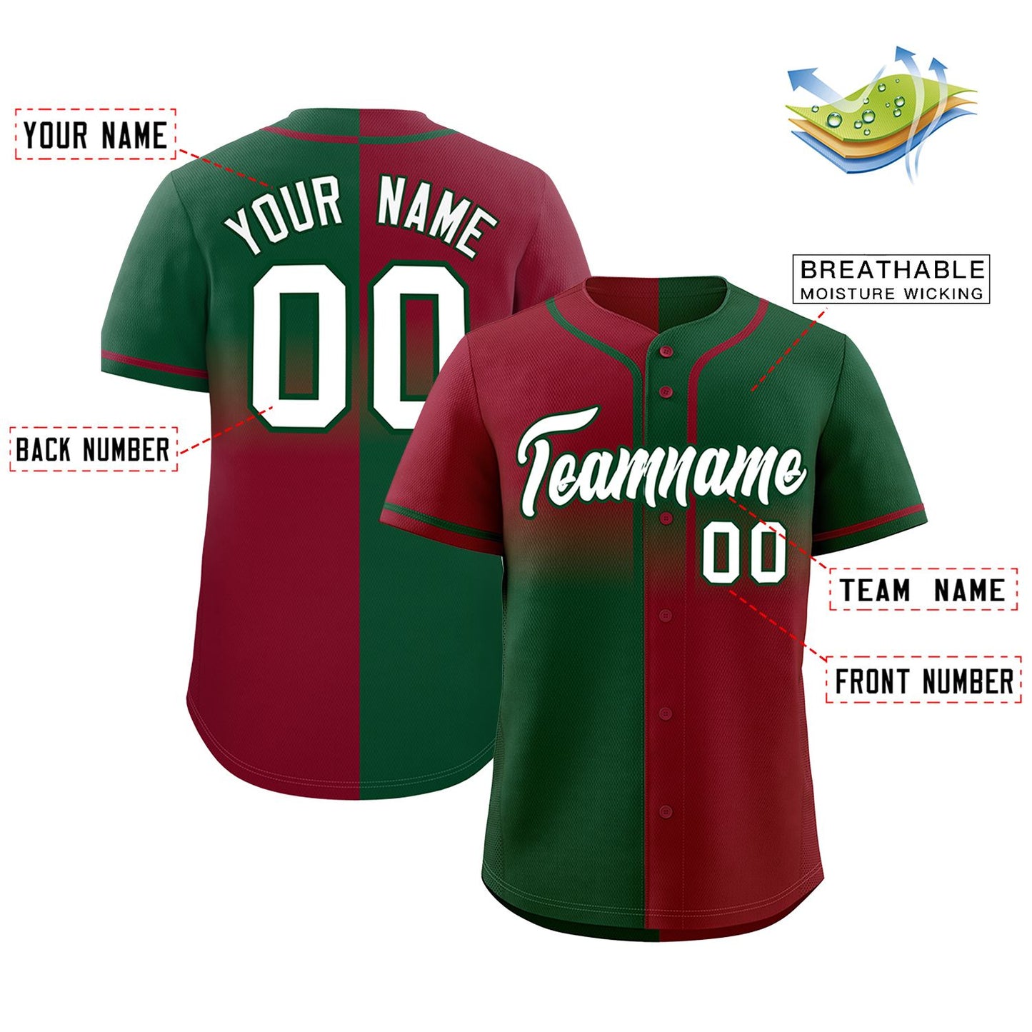 Custom Green Crimson Personalized Symmetrical Gradient Design Authentic Baseball Jersey