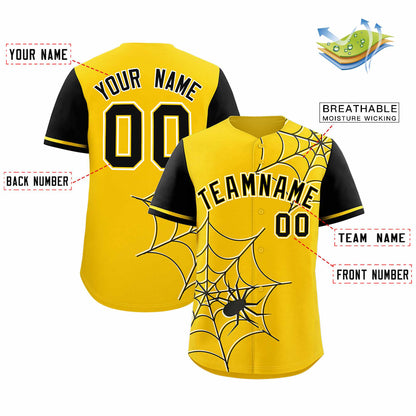 Custom Gold Black Spider Web Pattern Raglan Sleeves Authentic Baseball Jersey