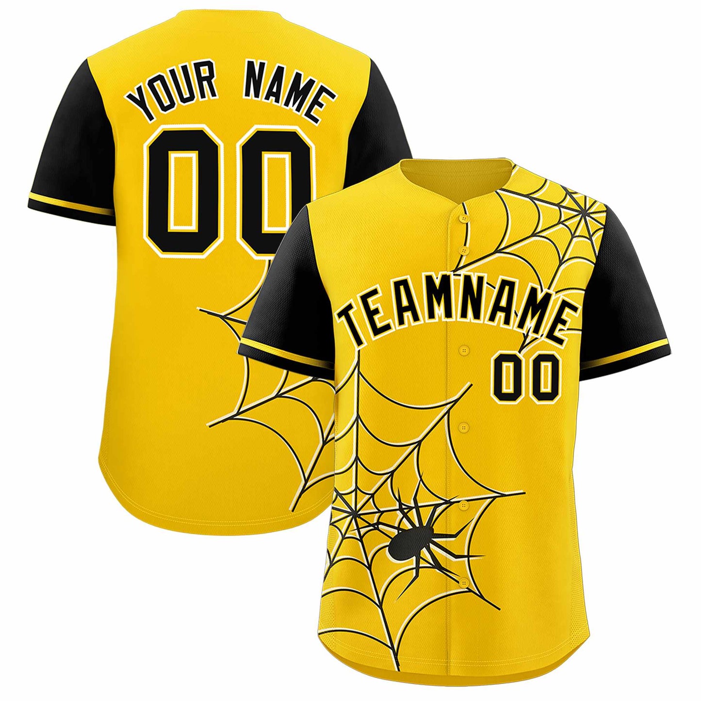 Custom Gold Black Spider Web Pattern Raglan Sleeves Authentic Baseball Jersey