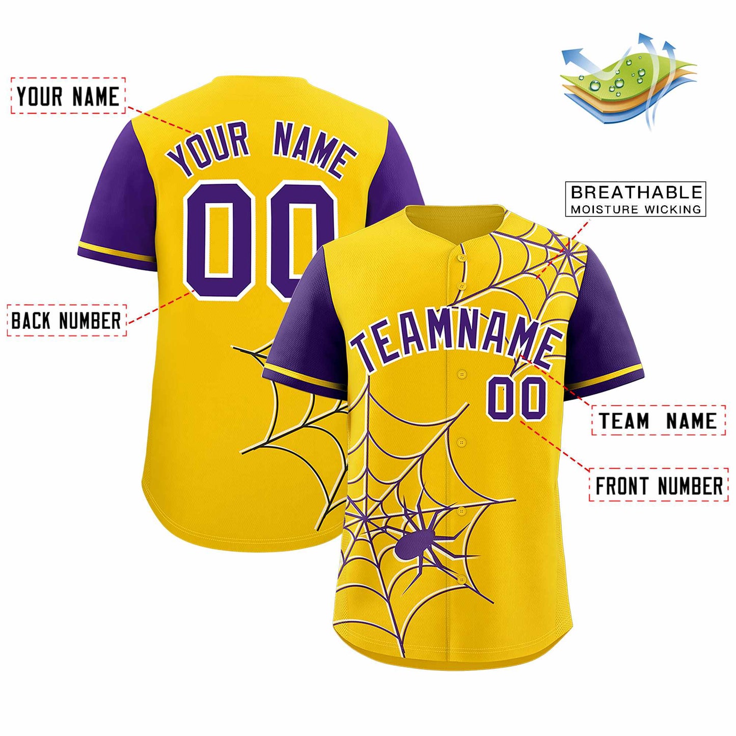 Custom Gold Purple Spider Web Pattern Raglan Sleeves Authentic Baseball Jersey