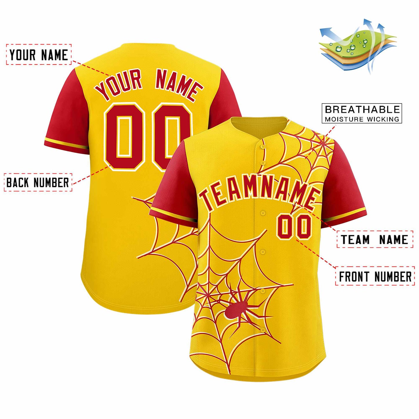 Custom Gold Red Spider Web Pattern Raglan Sleeves Authentic Baseball Jersey