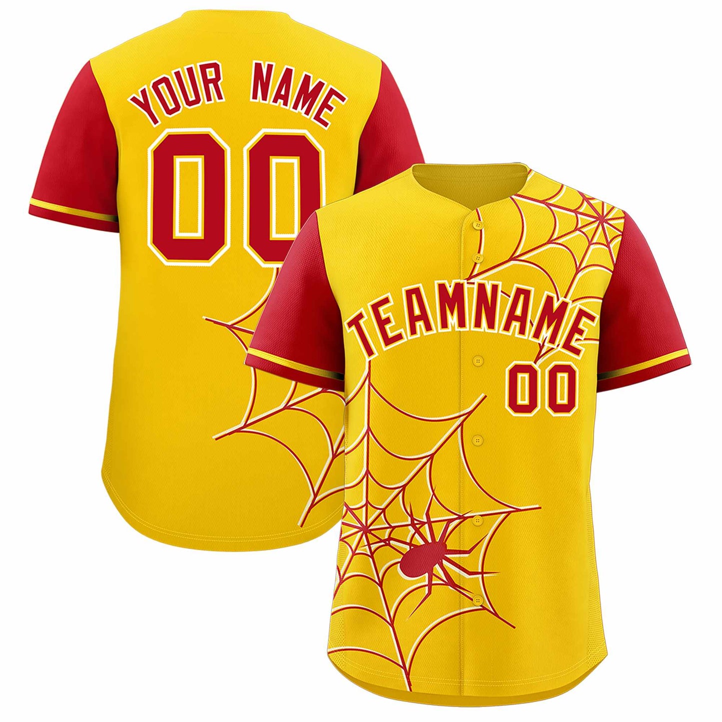 Custom Gold Red Spider Web Pattern Raglan Sleeves Authentic Baseball Jersey