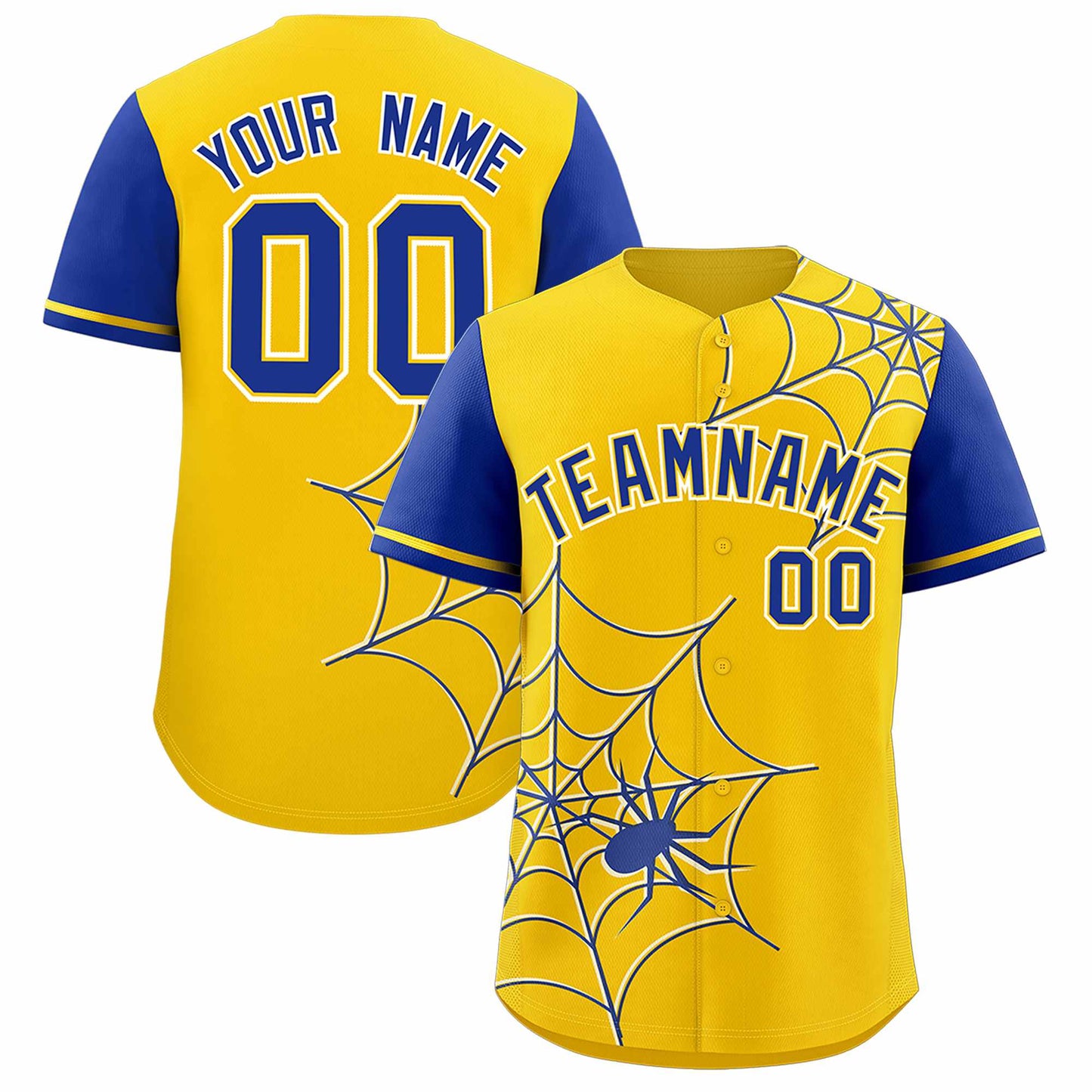 Custom Gold Royal Spider Web Pattern Raglan Sleeves Authentic Baseball Jersey