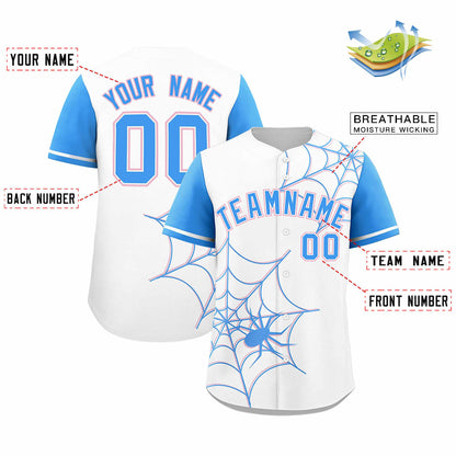 Custom White Powder Blue Spider Web Pattern Raglan Sleeves Authentic Baseball Jersey