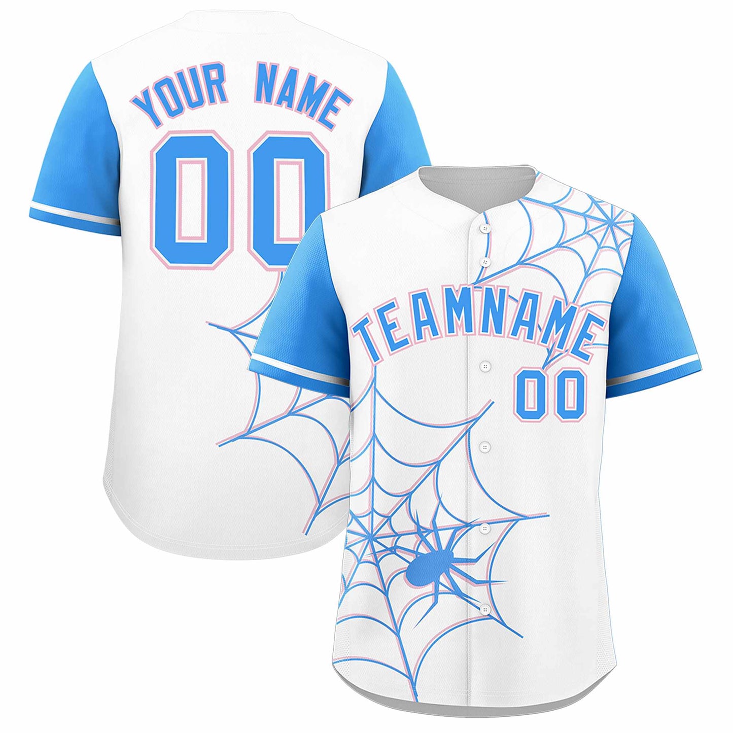 Custom White Powder Blue Spider Web Pattern Raglan Sleeves Authentic Baseball Jersey