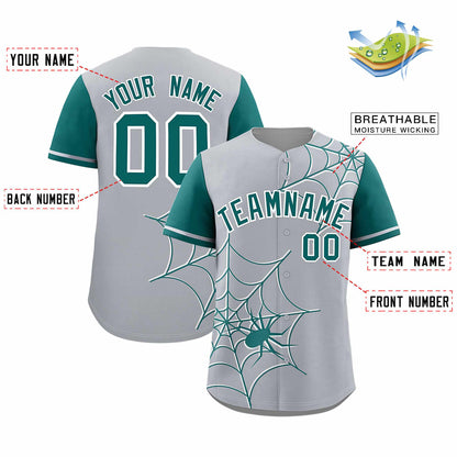 Custom Gray Aqua Spider Web Pattern Raglan Sleeves Authentic Baseball Jersey