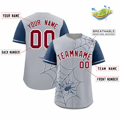 Custom Gray Midnight Blue Spider Web Pattern Raglan Sleeves Authentic Baseball Jersey