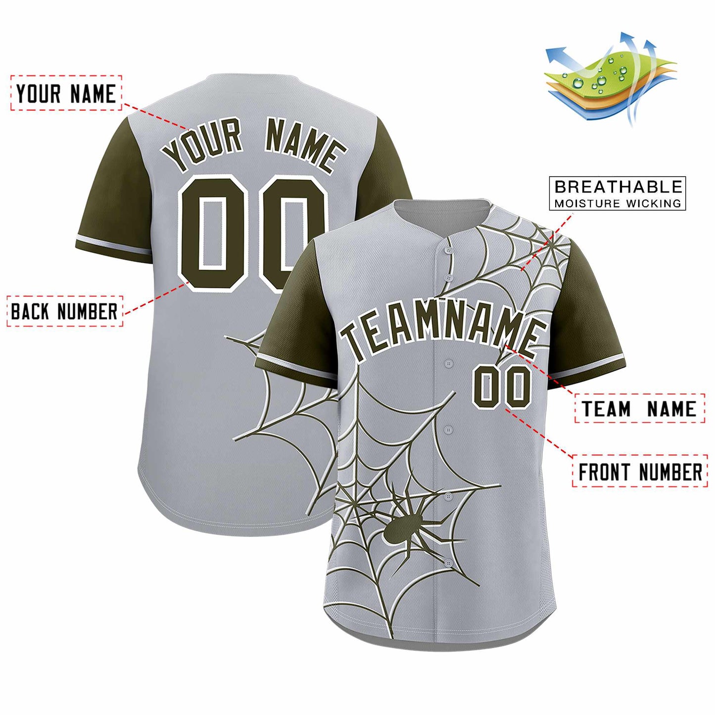 Custom Gray Olive Spider Web Pattern Raglan Sleeves Authentic Baseball Jersey