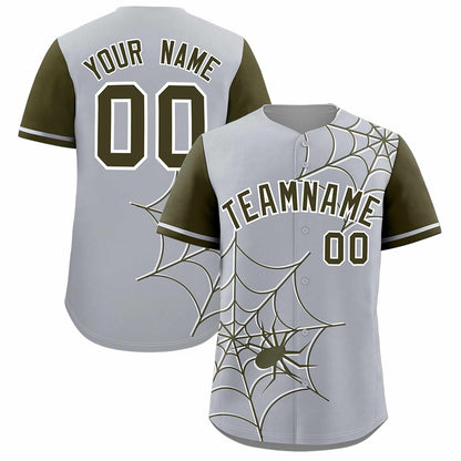 Custom Gray Olive Spider Web Pattern Raglan Sleeves Authentic Baseball Jersey