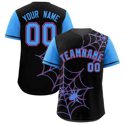 Custom Black Powder Blue Spider Web Pattern Raglan Sleeves Authentic Baseball Jersey