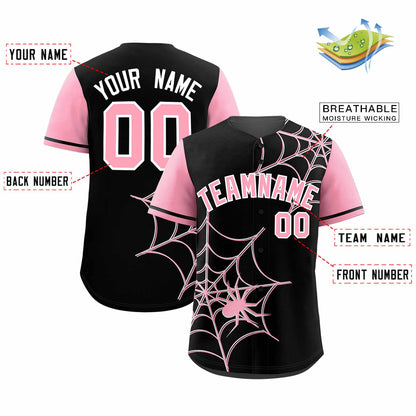 Custom Black Light Pink Spider Web Pattern Raglan Sleeves Authentic Baseball Jersey