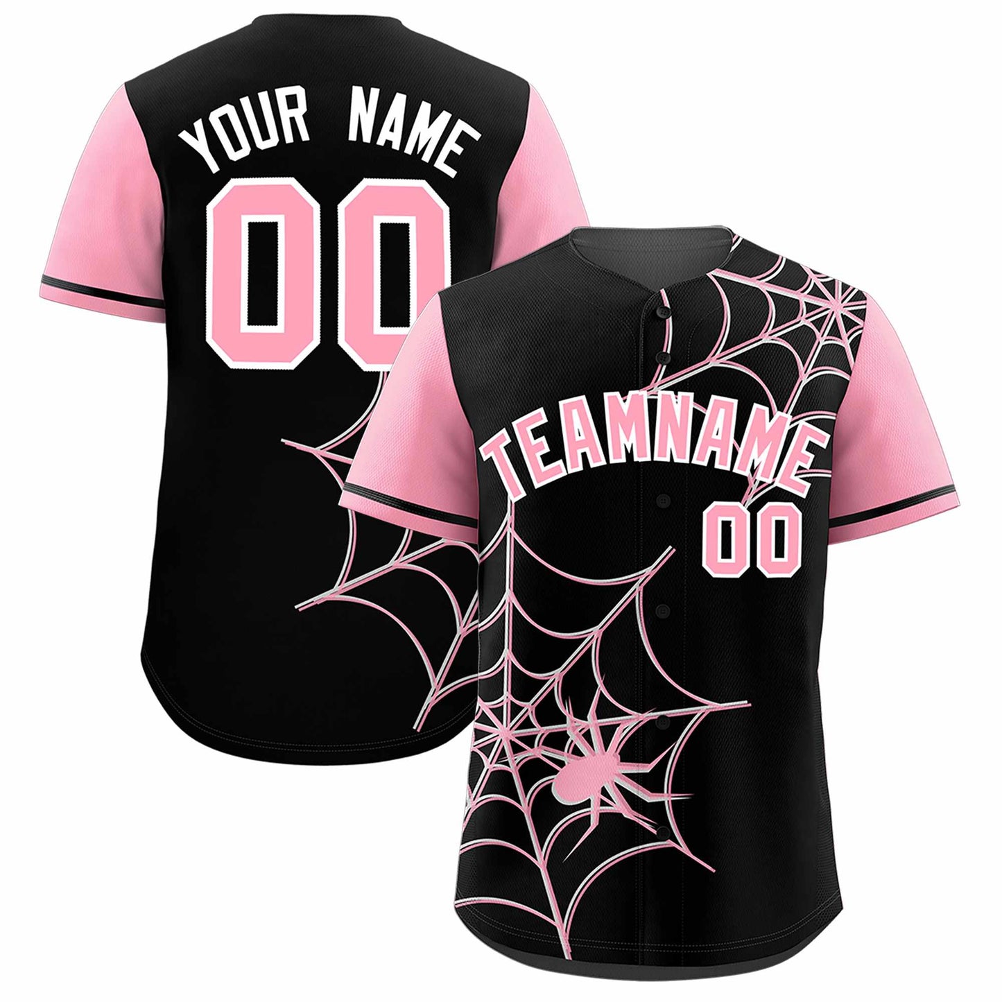 Custom Black Light Pink Spider Web Pattern Raglan Sleeves Authentic Baseball Jersey