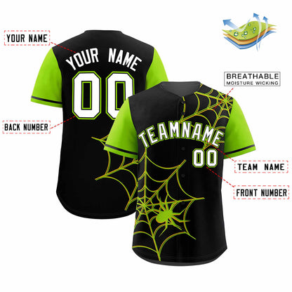 Custom Black Neon Green Spider Web Pattern Raglan Sleeves Authentic Baseball Jersey