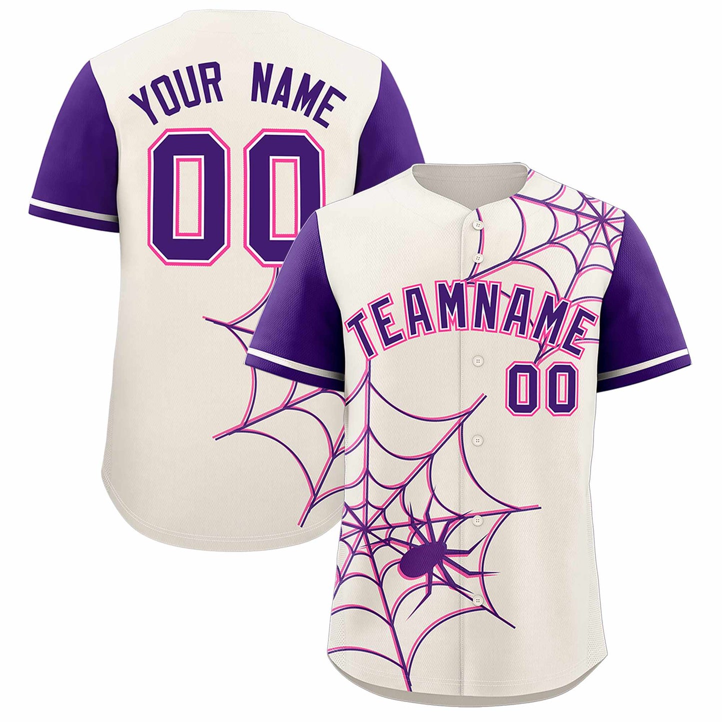 Custom Cream Purple Spider Web Pattern Raglan Sleeves Authentic Baseball Jersey