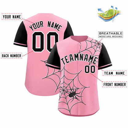 Custom Light Pink Black Spider Web Pattern Raglan Sleeves Authentic Baseball Jersey