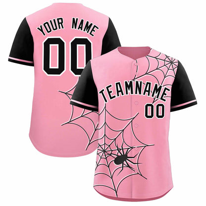 Custom Light Pink Black Spider Web Pattern Raglan Sleeves Authentic Baseball Jersey