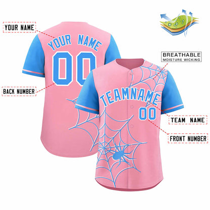 Custom Light Pink Powder Blue Spider Web Pattern Raglan Sleeves Authentic Baseball Jersey