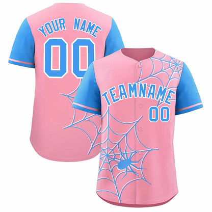 Custom Light Pink Powder Blue Spider Web Pattern Raglan Sleeves Authentic Baseball Jersey