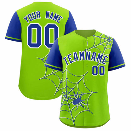 Custom Neon Green Royal Spider Web Pattern Raglan Sleeves Authentic Baseball Jersey