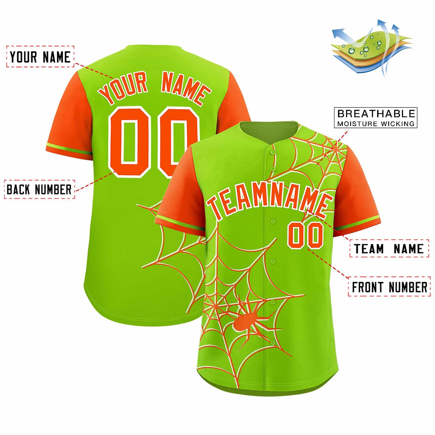 Custom Neon Green Orange Spider Web Pattern Raglan Sleeves Authentic Baseball Jersey